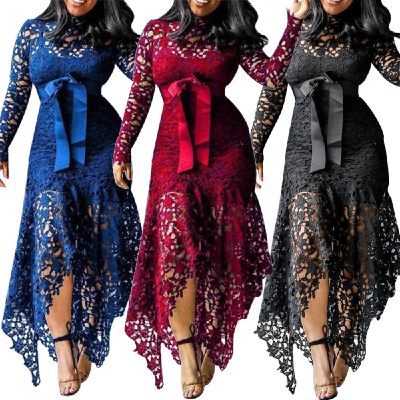 Women's Weekend Outfit Elegant Vintage Party Sexy Lace Long Dress Plus Size 5XL Women Mesh Hollow Bodycon Blue African Maxi Dress Ladies Vestidos