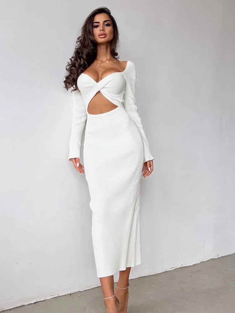 Stylish Women's Garments For Holidays Spring Autumn Women's Solid Color Long sleeved Temperament Slim Hollow Open Midi Dresses Stylish Women's Garments For Holidays Spring Autumn Women's Solid Color Long sleeved Temperament Slim Hollow Open Midi Dresses