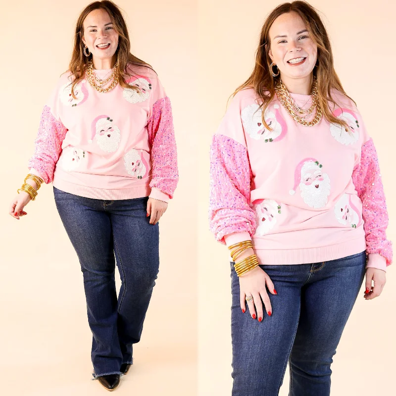 Women's Plus-Size Clothes Sequin Santa Crewneck Sweatshirt with Velvet Sleeves in Light Pink