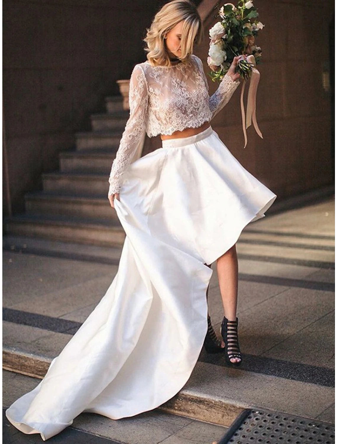 Women's Vintage Clothes Bridal Shower Little White Dresses Fall Wedding Dresses Two Piece Scoop Neck Long Sleeve Asymmetrical Satin Bridal Gowns With Pleats Appliques Summer Wedding Party