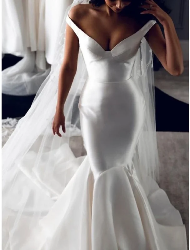 Affordable Women's Clothing Formal Wedding Dresses Mermaid / Trumpet Off Shoulder Sleeveless Court Train Satin Bridal Gowns With Pleats