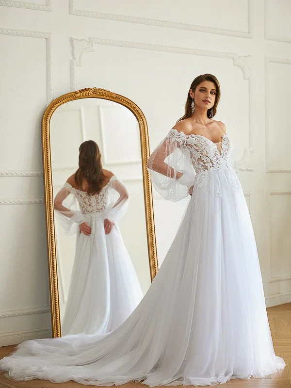 Charming Everyday Clothing For Women A-Line/Princess Tulle Applique Off-the-Shoulder Long Sleeves Chapel Train Wedding Dresses