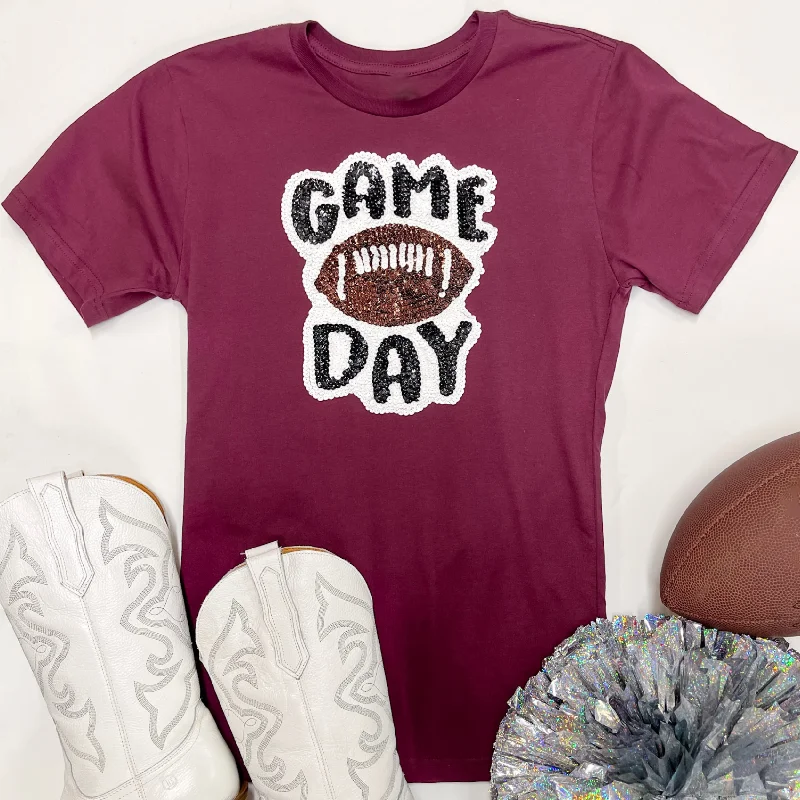 Women's Elegant Evening Attire Gameday Sequin Patch Football Short Sleeve Graphic Tee in Maroon