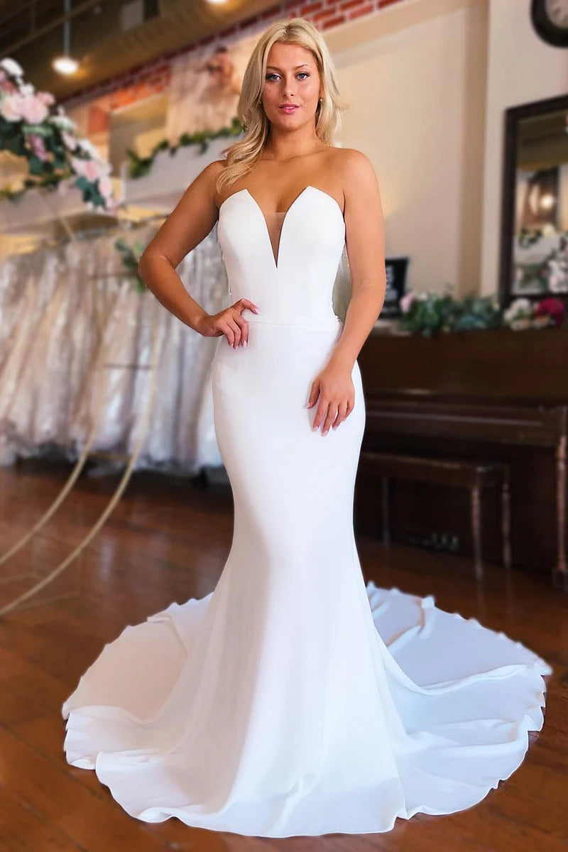 Women's Travel Attire Wedding Dress Simple White Mermaid Satin Long Sleeveless