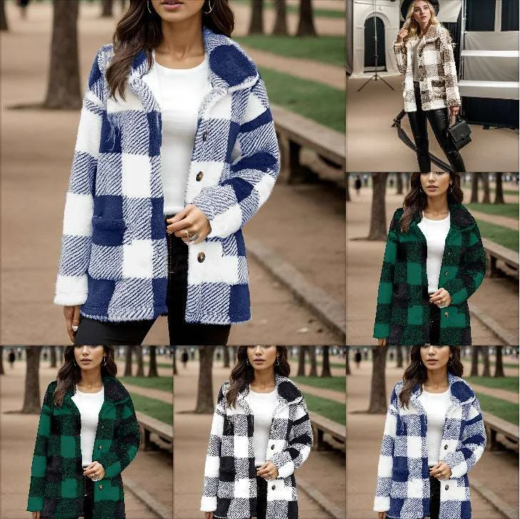 Comfortable Women's Clothing Women's Long Sleeve Plaid Button Loose Jacket With Pockets