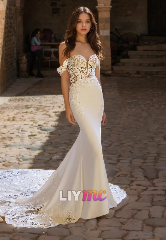 Women's Clothing For Holiday Travel Sweetheart Sleeveless Lace Appliques Sleek Mermaid Wedding Dress