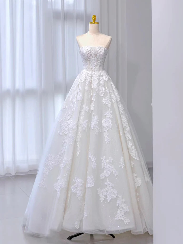 Women's Trendy Activewear Apparel Formal Dress A-Line Tulle Lace Sweep Train Long Dress Wedding Dress