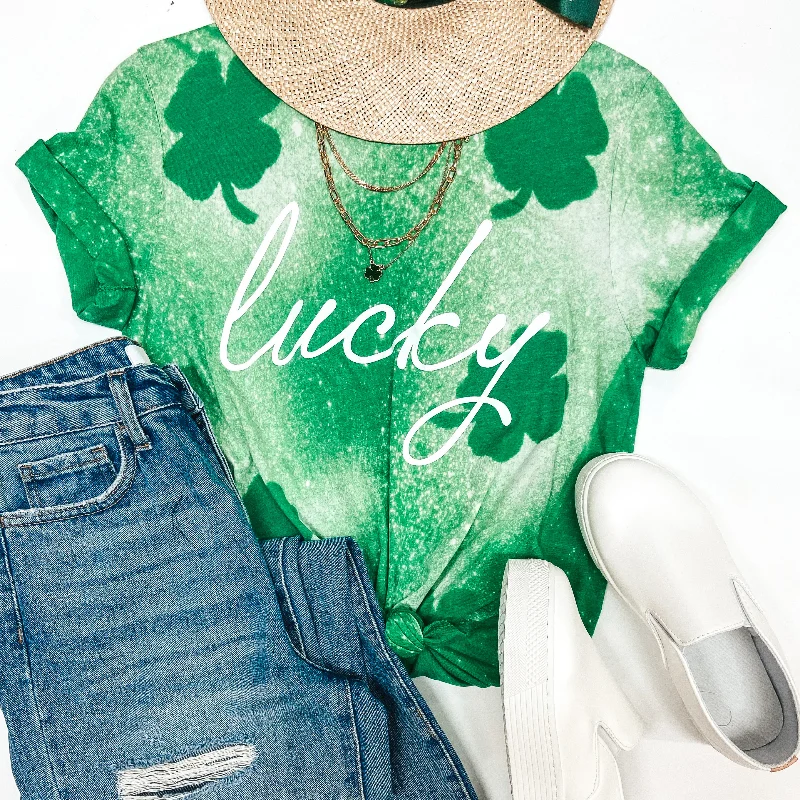 Modern Women's Outfit Lucky Bleach Splatter Shamrock Graphic Tee in Green