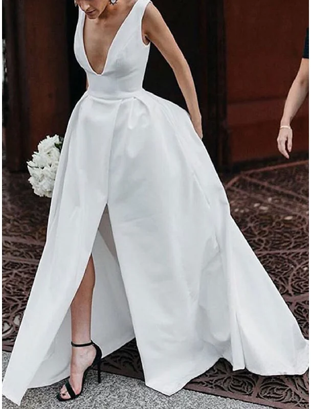 Women's Attire Reception Sexy Casual Wedding Dresses A-Line V Neck Sleeveless Court Train Satin Bridal Gowns With Split Front Solid Color