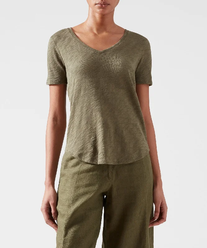 Women's Comfortable Garments Slub Jersey Classic V-Neck Tee - Army