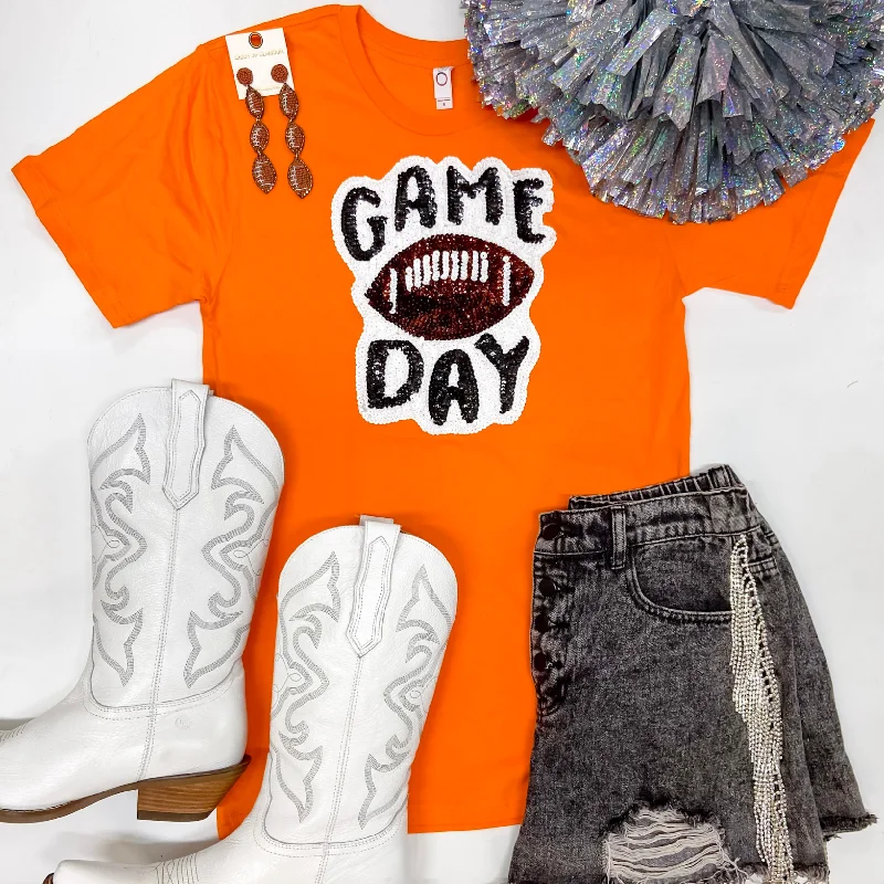 Women's Fashionable Attire For Work Gameday Sequin Patch Football Short Sleeve Graphic Tee in Orange