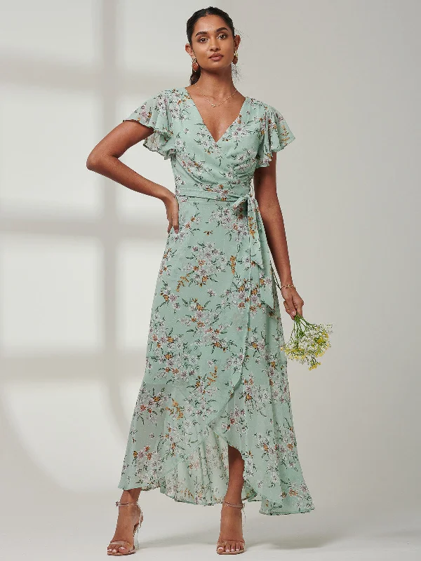 Trendy Athleisure Clothing For Women Haylie Frill Chiffon Maxi Dress, Green Floral