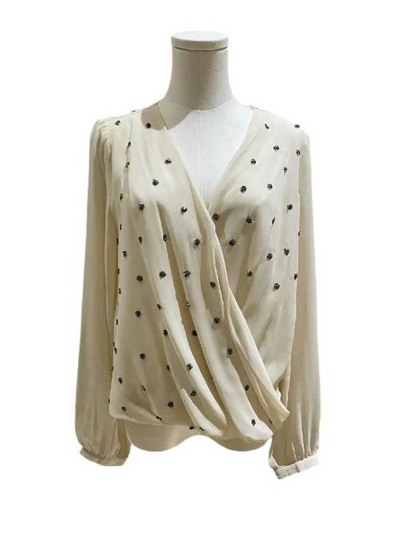 Women's Casual Wear Outfit Women's Beaded Chiffon Double Breasted Faux Wrap Blouse In Ivory