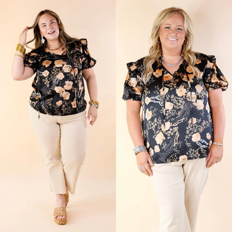 Women's Casual Apparel One And Only Mix Print Satin Blouse with Keyhole Front in Black