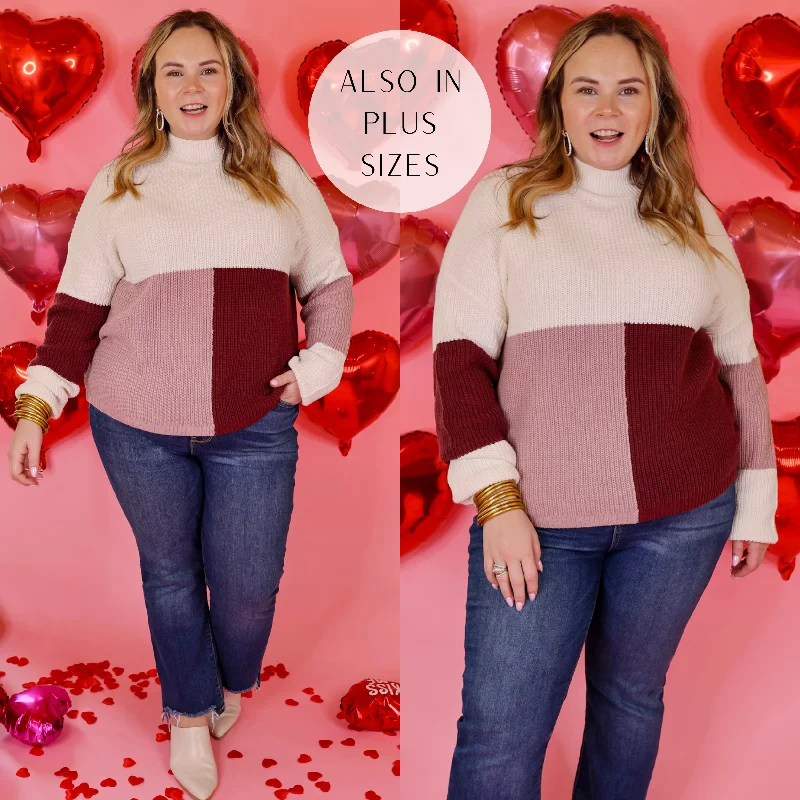 Women's Occasion Wear Clothes Just Warming Up Color Block Knit Pullover Sweater in Maroon and Mauve