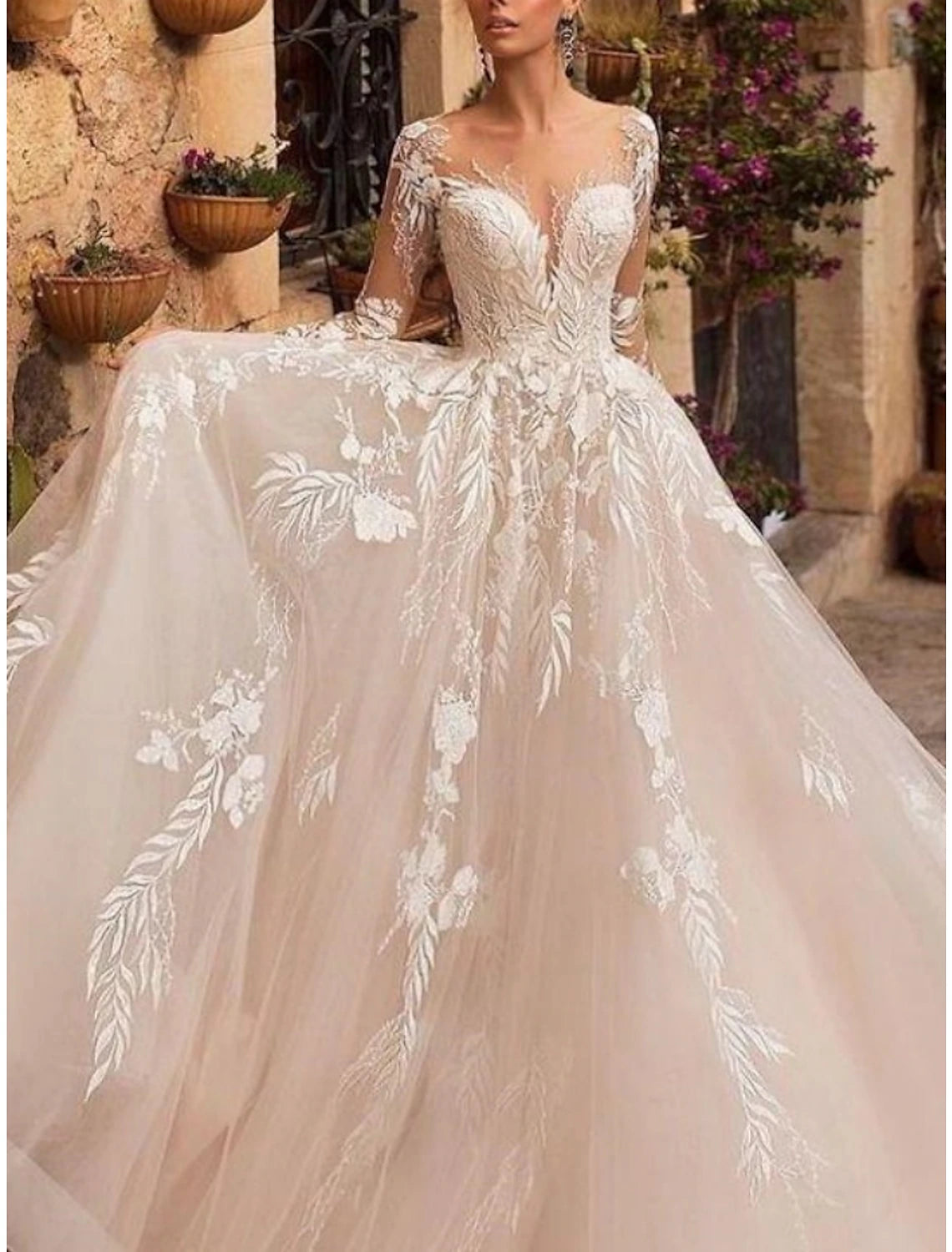 Women's Seasonal Attire Formal Wedding Dresses A-Line V Neck Long Sleeve Court Train Tulle Bridal Gowns With Pleats Appliques