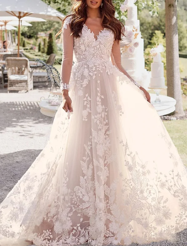 Women's Sporty Chic Clothes Open Back Formal Wedding Dresses A-Line V Neck Long Sleeve Court Train Lace Bridal Gowns With Appliques