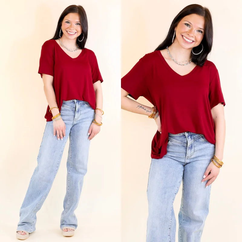Casual Garments For Women Last Chance Size Small & 3XL | It's That Simple Solid V Neck Tee in Maroon Casual Garments For Women Last Chance Size Small & 3XL | It's That Simple Solid V Neck Tee in Maroon
