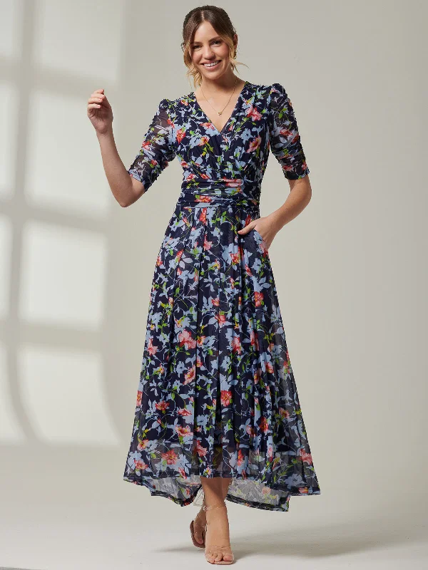 Women's Cozy Winter Attire Gavina Ruched Sleeve Mesh Maxi Dress, Navy Floral