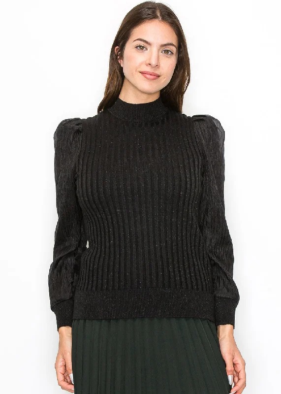 Comfortable Garments For Women Black Ribbed Sweater with Puff Sleeves