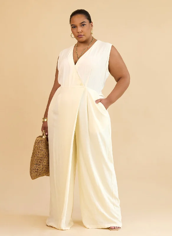 Women's Plus-Size Casual Outfit Alia Linen Wrap Overlay Wide Leg Jumpsuit - Ivory