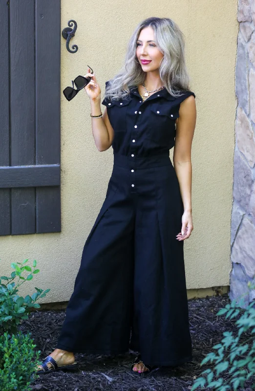 Women's Fashion-Forward Apparel Nothing But You Black Wide Leg Denim Jumpsuit