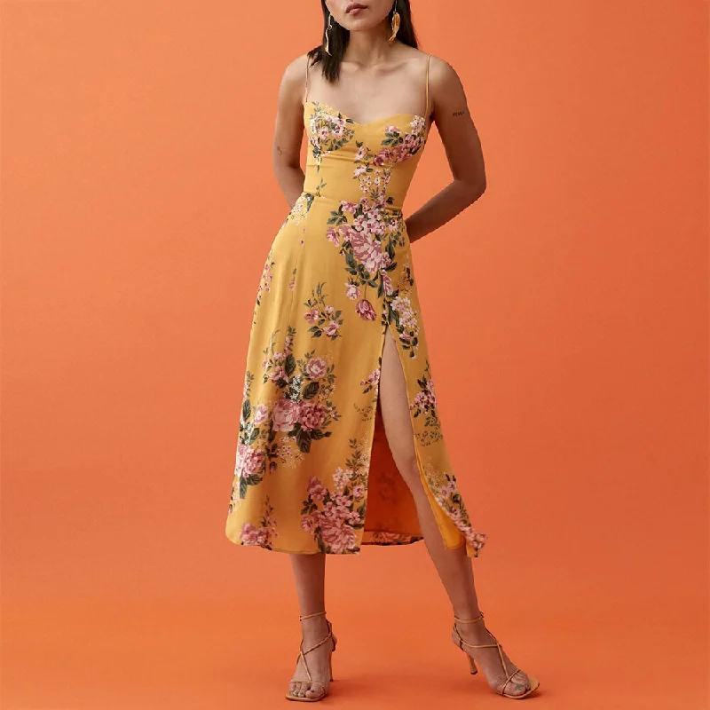 Women's Seasonal Apparel FashionSierra - Vintage Midi Dress Side High Slit Sexy Spaghetti Strap Dress