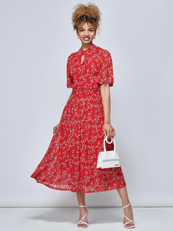 Casual Chic Women's Clothes Jolie Moi Carina Key Hole Mesh Midi Dress, Red Floral