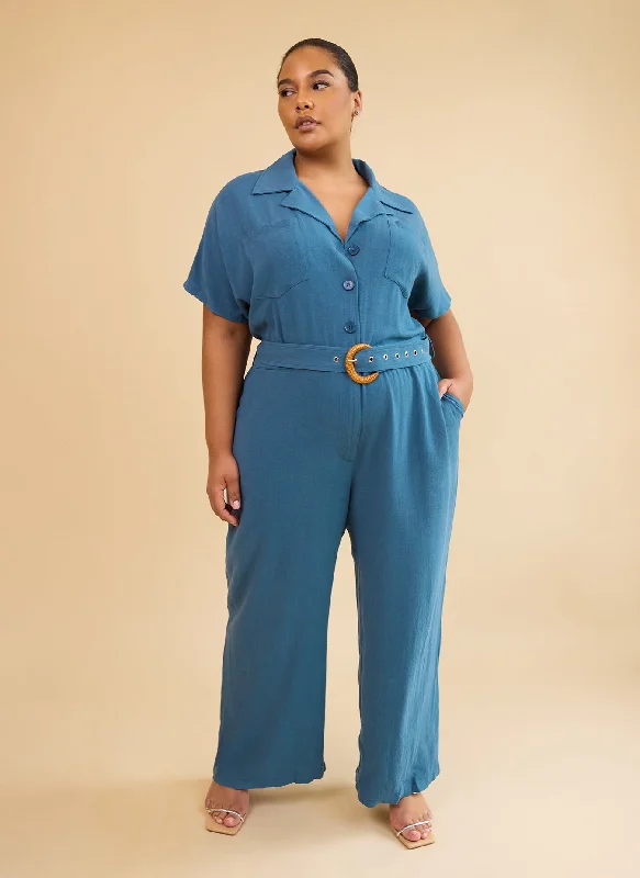 Women's Elegant Outfit Padma Linen Belted Jumpsuit - Cadet Blue