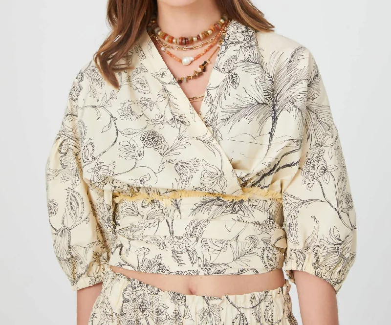 Women's Vacation Attire Kimono Blouse In Botanical Line Print