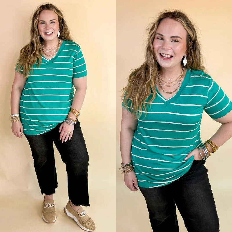 Women's Stylish Vacation Attire Keep Things Casual Striped V Neck Tee in Teal