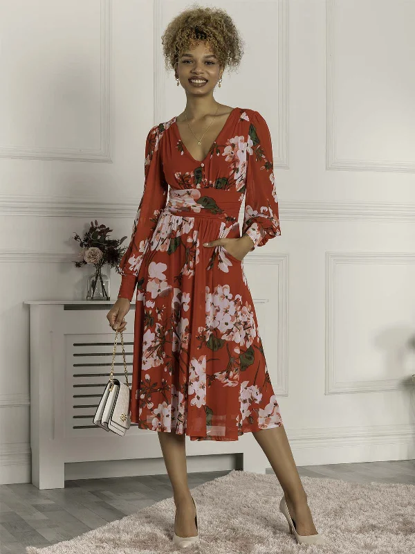 Affordable Women's Attire Jolie Moi Gianna Long Sleeve Mesh Midi Dress, Red Floral