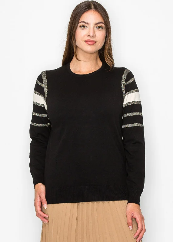 Affordable Women's Apparel Black Sweater with Metallic Stripe Accents