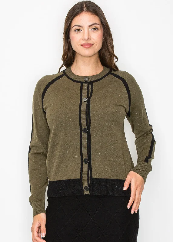 Affordable Women's Garments Olive and Black Trim Buttoned Cardigan