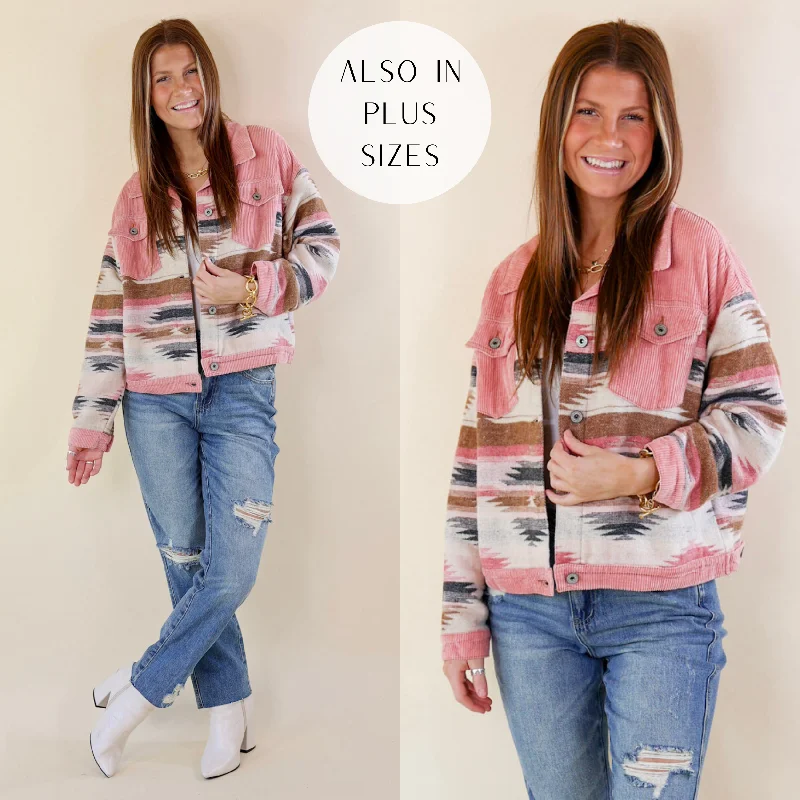 Women's Plus-Size Apparel Hard To Forget Aztec Print Button Up Jacket with Corduroy Trim in Pink