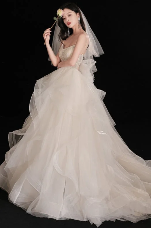 Women's Chic Apparel Gorgeous Ruffled Ballgown Tier Wedding Dress with Spaghetti Straps