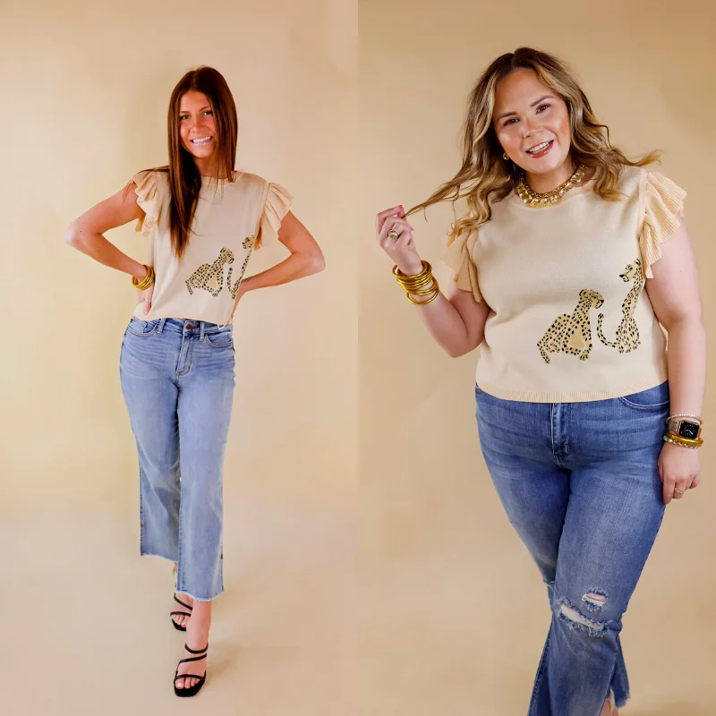 Women's Fashion Clothes Talk This Way Cheetah Print Sweater with Ruffle Cap Sleeves in Beige