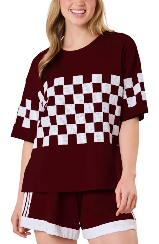 Women's Trendy Garments Sequins Checker Short Sleeve Top In Maroon