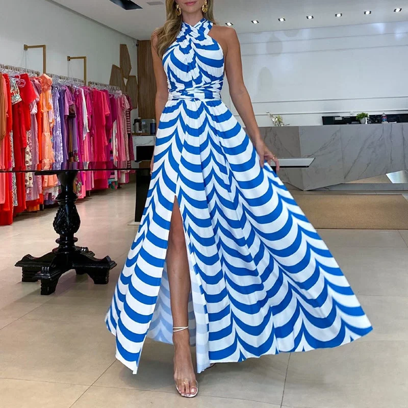 Women's Chic Outerwear Attire 2022 summer new women's sweet striped halterneck high waist slit maxi dress