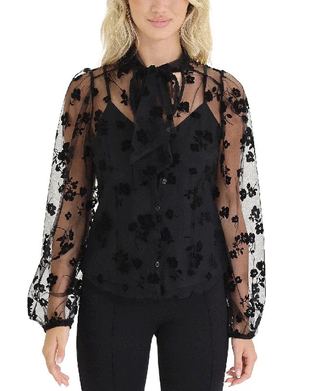 Women's Seasonal Wardrobe Clothing Flocked Floral Sheer Blouse