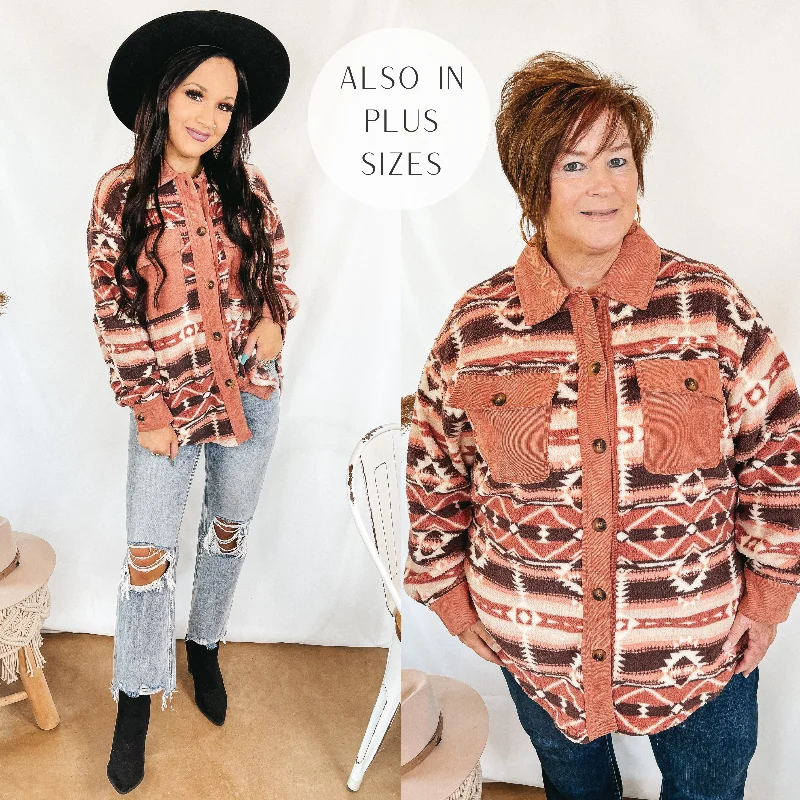 Classic Women's Apparel Last Chance Size 2XL & 3XL | Hollywood Hike Aztec Print Button Up Fleece Jacket with Pockets in Dusty Rose Pink