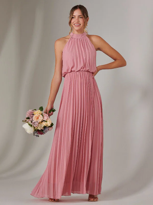 Women's Professional Outfit Pleated Bridesmaids Maxi Dress, Dusty Pink