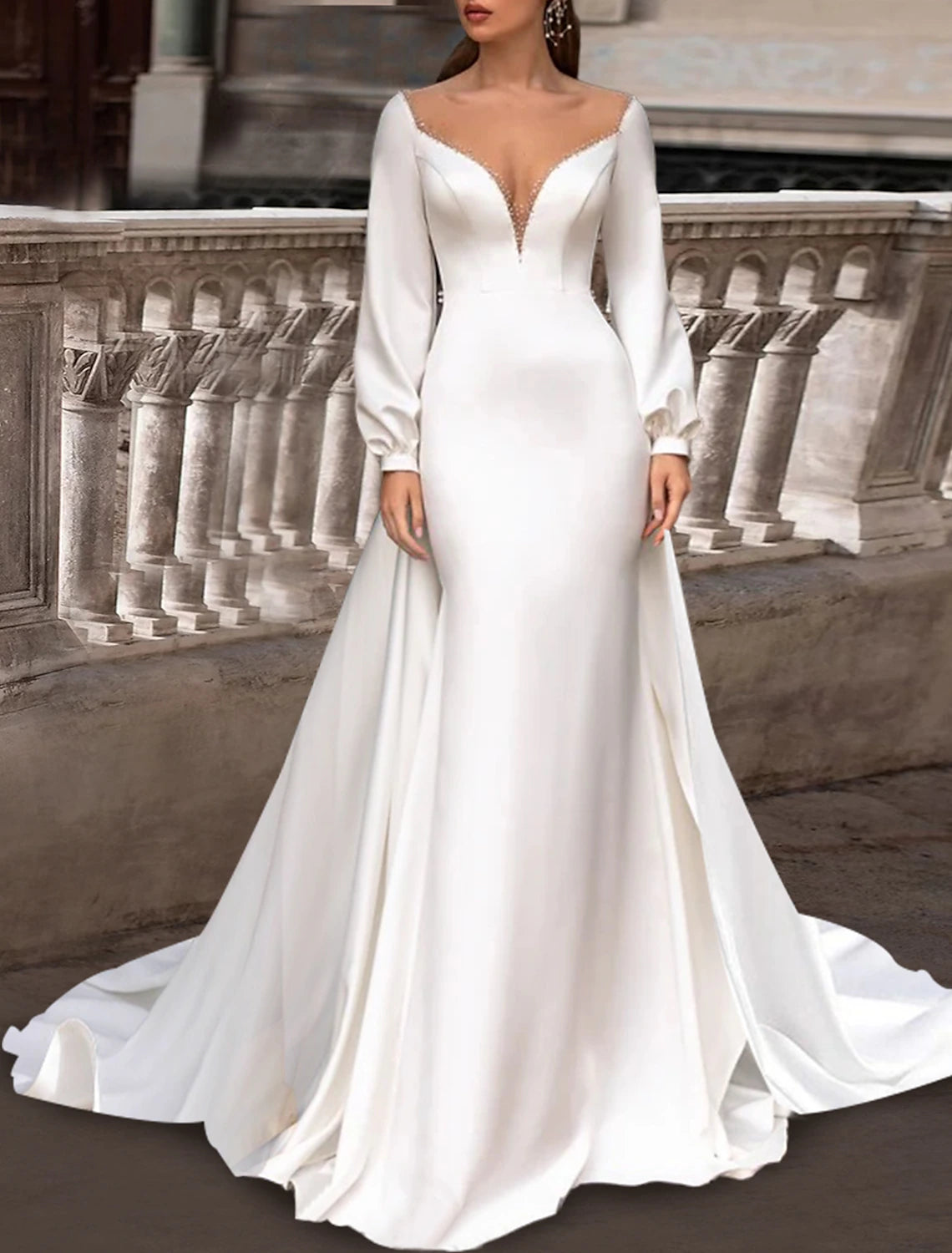 Women's Casual Wear Outfit Reception Formal Wedding Dresses Two Piece Illusion Neck Scoop Neck Long Sleeve Sweep / Brush Train Satin Bridal Gowns With Solid Color