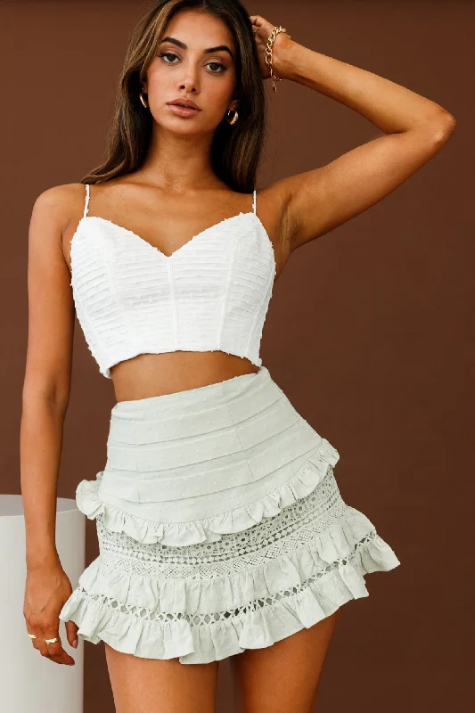 Women's Fashionable Clothing Sets Perfect Timing Pleated Waist Frill Trim Mini Skirt Sage