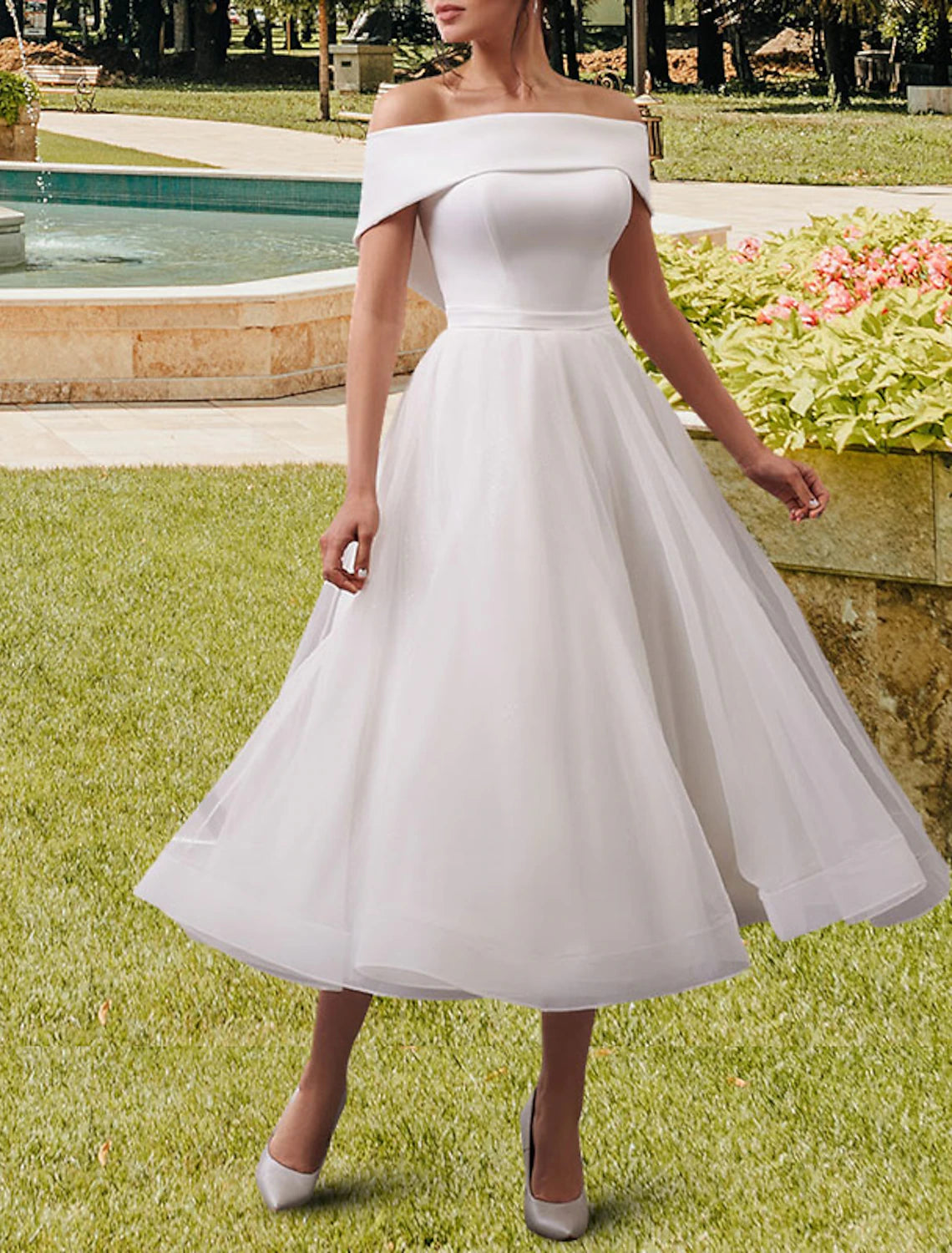 Casual Apparel For Women Reception Little White Dresses Wedding Dresses A-Line Off Shoulder Cap Sleeve Tea Length Satin Bridal Gowns With Sashes / Ribbons Solid Color