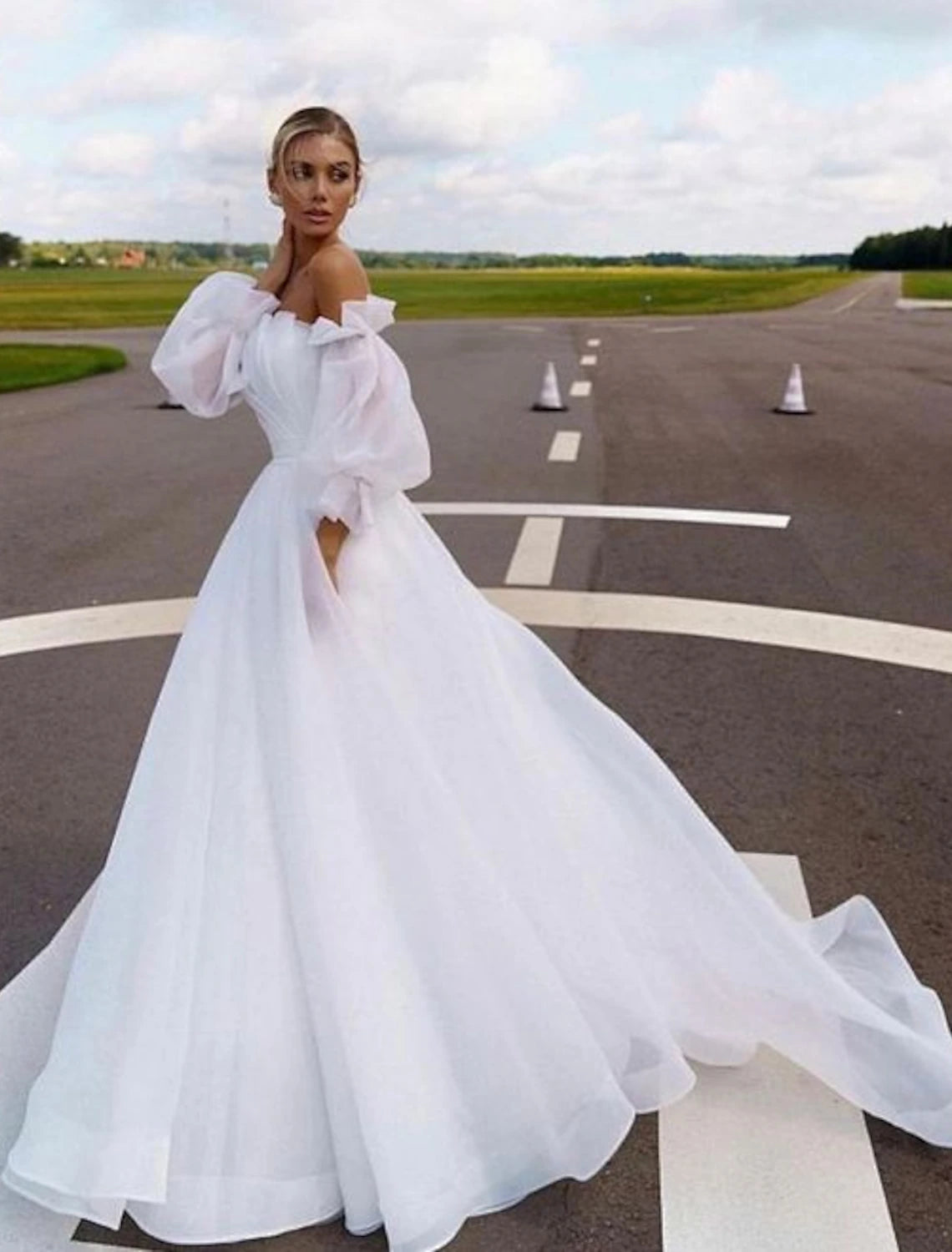 Women's Clothes For Work Events Beach Casual Wedding Dresses A-Line Off Shoulder Long Sleeve Court Train Organza Bridal Gowns With Solid Color Summer Wedding Party