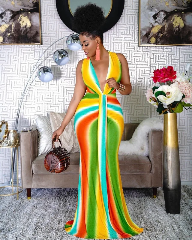 Women's Everyday Garments Spring Summer Fashion Colorful Rainbow Striped Print Sleeveless Ladies Maxi Length Dress Women