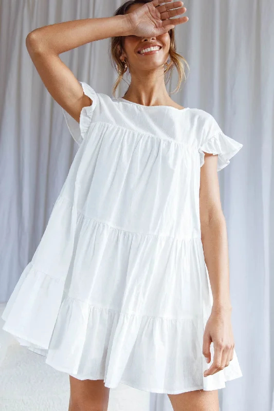 Women's Professional Clothes Hyacinth Ruffle Sleeve Smock Dress White