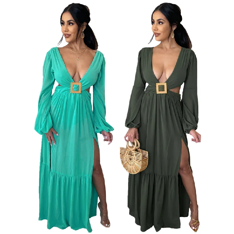 Women's Casual Attire Dropshipping Solid Color Hollow Out Backless V Neck Irregular Long Maxi Dress For Women With Lantern Sleeve