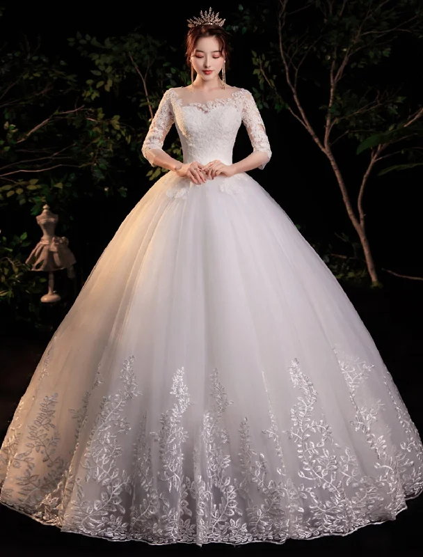 Women's Everyday Clothes Reception Formal Wedding Dresses Ball Gown Illusion Neck Half Sleeve Floor Length Lace Bridal Gowns With Appliques Summer Wedding Party